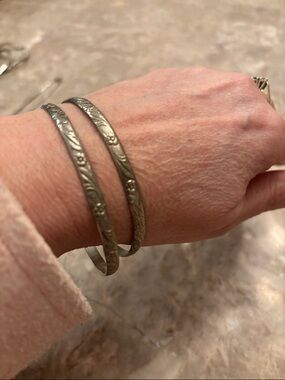 Silver tone Floral Engraved Cuff Bracelets - Pair